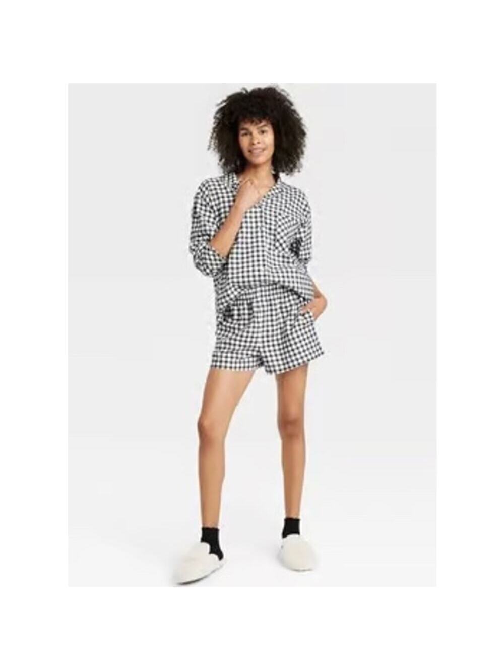Auden NWT Women's Flannel Black White Checkered Top Shorts Pajama Set Size L